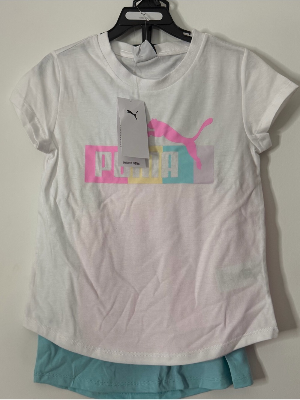 PUMA Girls' White Graphic Tee with Pink Logo